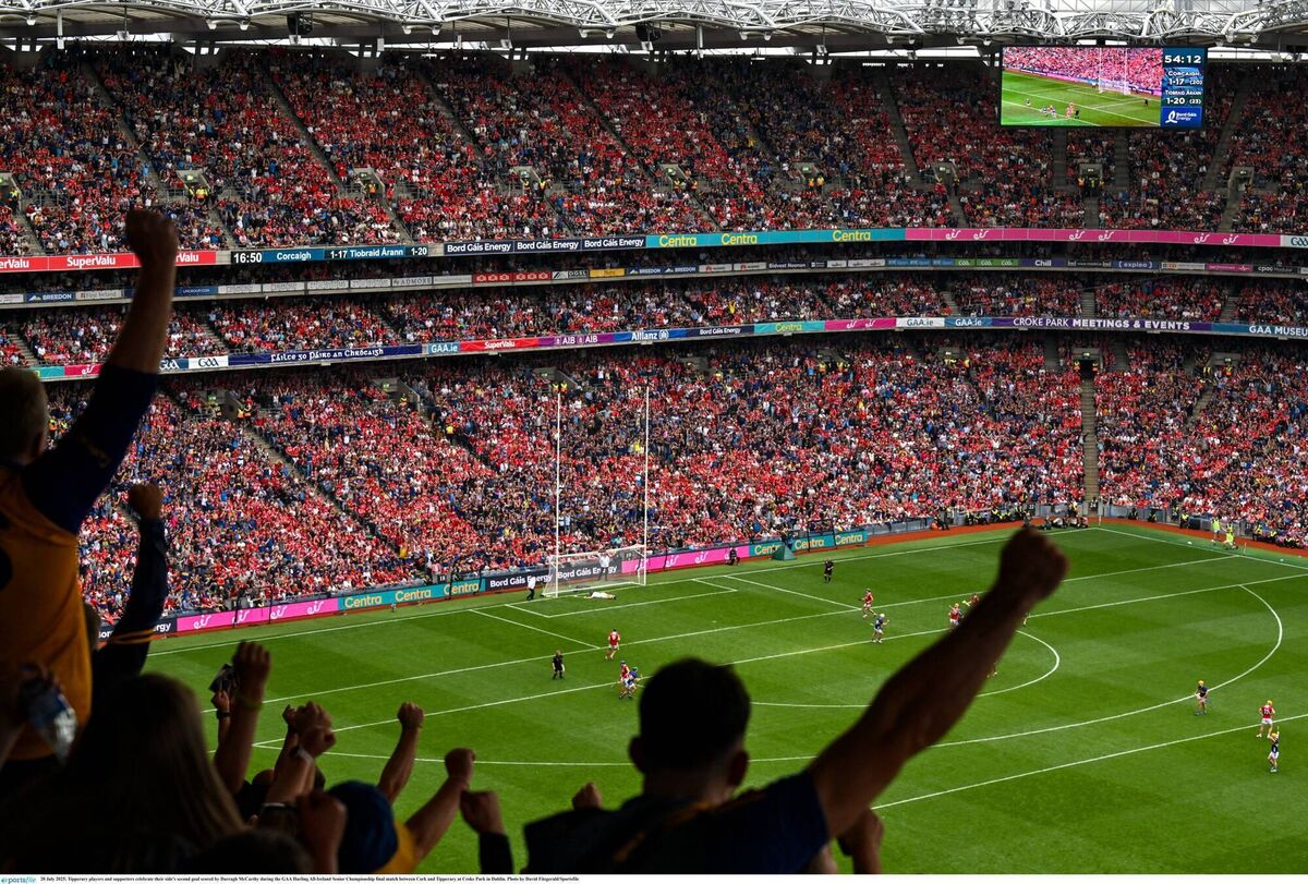 Tipperary players and supporters celebrate their side's second goal scored by Darragh McCarthy last July. Picture: David Fitzgerald/Sportsfile