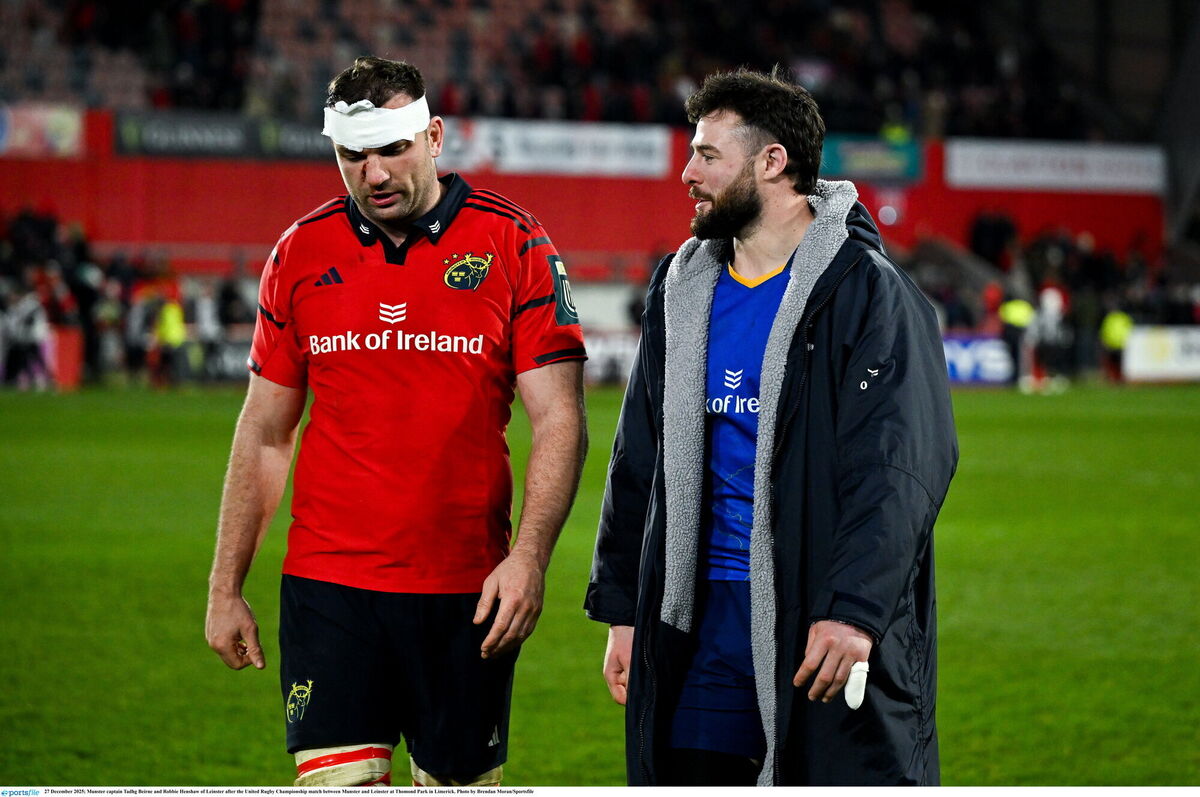 Munster captain Tadhg Beirne and Robbie Henshaw of Leinster on Saturday night. Picture: Brendan Moran/Sportsfile