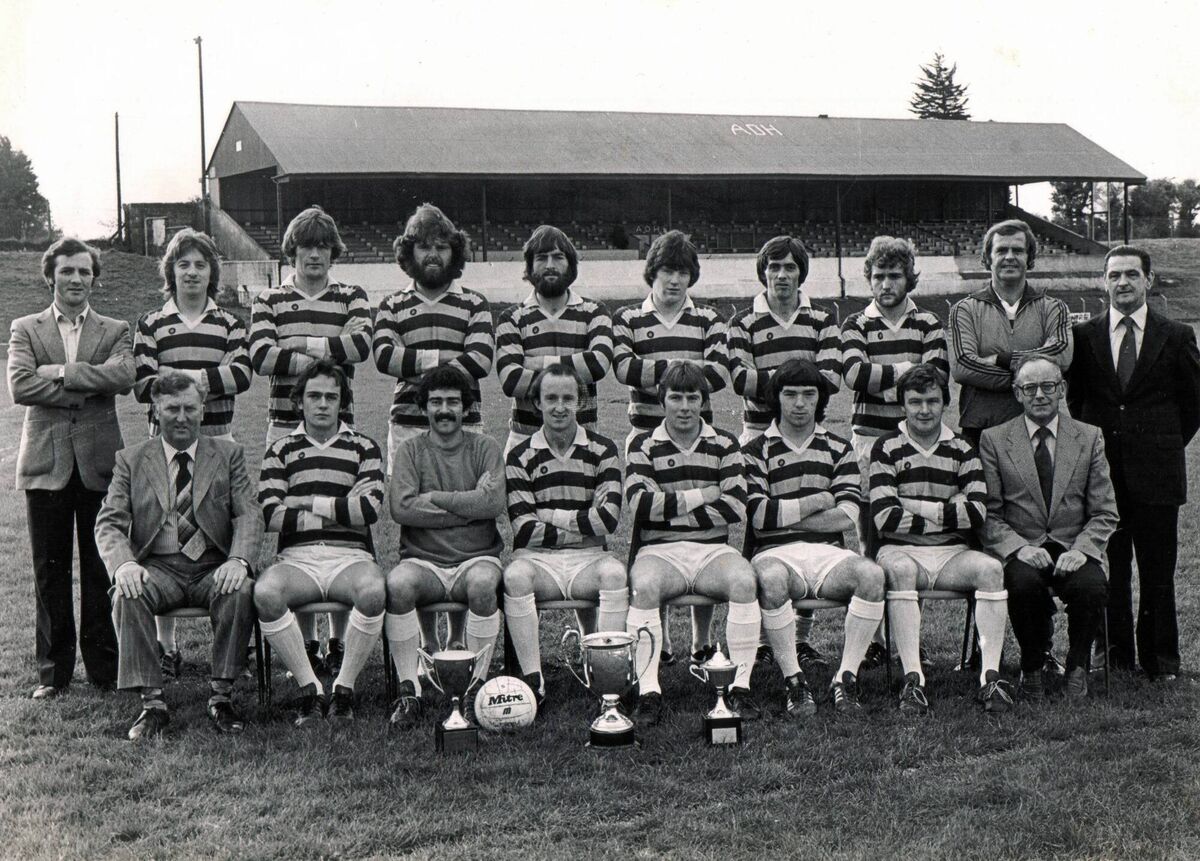 Tramre Athletic, winners of the 1979 FAI Intermediate Cup. Back: Jerry Twomey, Tom Walsh, Dave Mahon, John Swaine, Derry McCarthy, Fred McCarthy, Bryan McSweeney, Dave Keating, Denis Galvin, Mossie Cronin. Front: John Lane, Pat McCarthy, Billy Noonan, Sean Donovan, Frank Drummond, Mick Bruton, Neily O'Keeffe, Mick Dwyer. Tramre Athletic, winners of the 1979 FAI Intermediate Cup. Back: Jerry Twomey, Tom Walsh, Dave Mahon, John Swaine, Derry McCarthy, Fred McCarthy, Bryan McSweeney, Dave Keating, Denis Galvin, Mossie Cronin. Front: John Lane, Pat McCarthy, Billy Noonan, Sean Donovan, Frank Drummond, Mick Bruton, Neily O'Keeffe, Mick Dwyer.