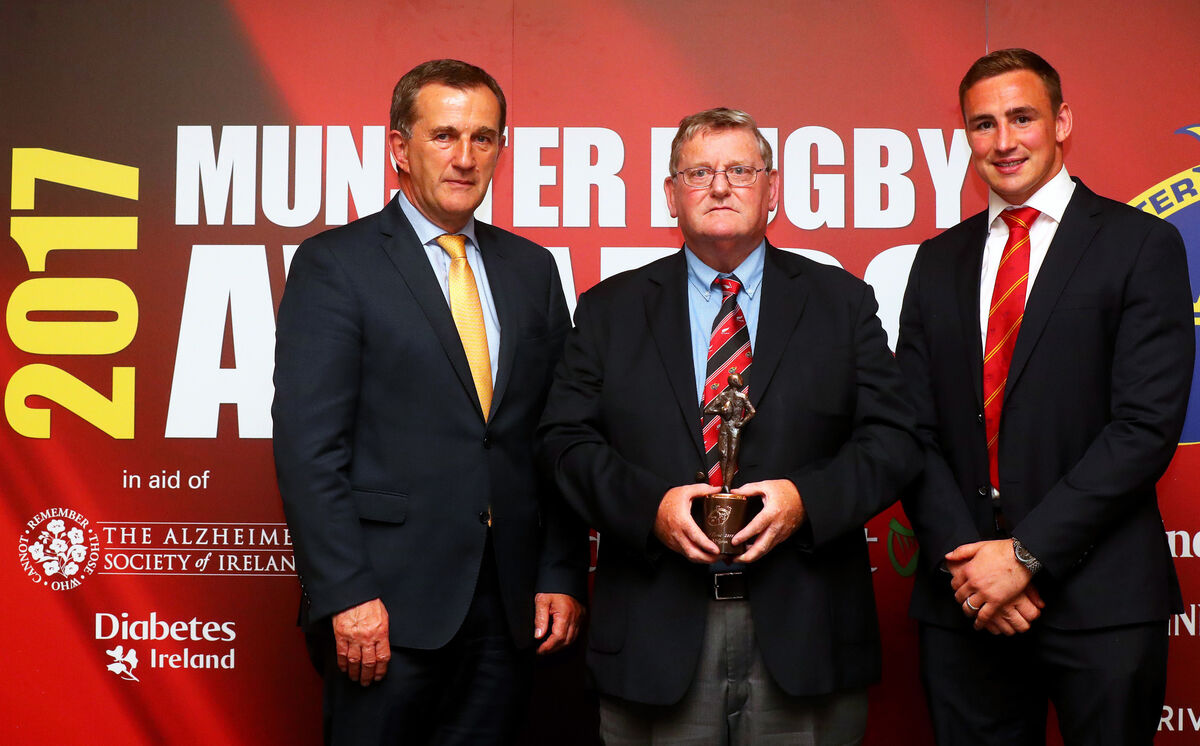 Barry McGann was presented with his Munster Hall of Fame award in 2017 by Tommy O'Donnell and Garrett Fitzgerald, Munster Rugby CEO. Picture: INPHO/James Crombie