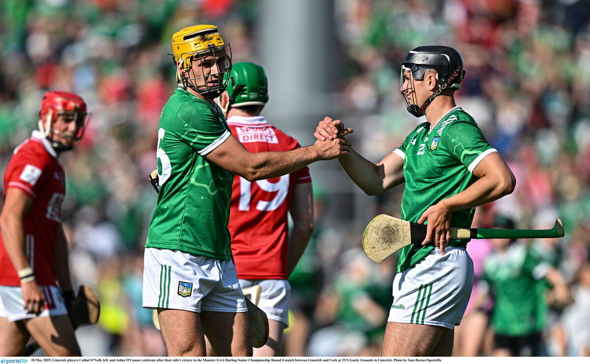 Limerick players Cathal O'Neill, left, and Aidan O'Connor celebrate after their side's victory in the Munster GAA Hurling Senior Championship Round 4 match between Limerick and Cork at TUS Gaelic Grounds in Limerick last season. Picture: Sam Barnes/Sportsfile