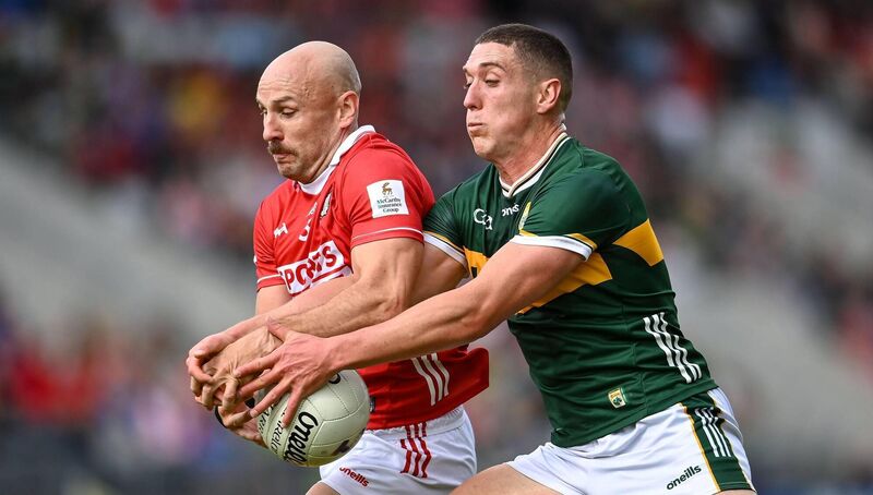 Cork's Brian O'Driscoll grapples for possession with Kerry's Joe O'Connor in their All-Ireland SFC clash last May. Picture: David Fitzgerald/Sportsfile