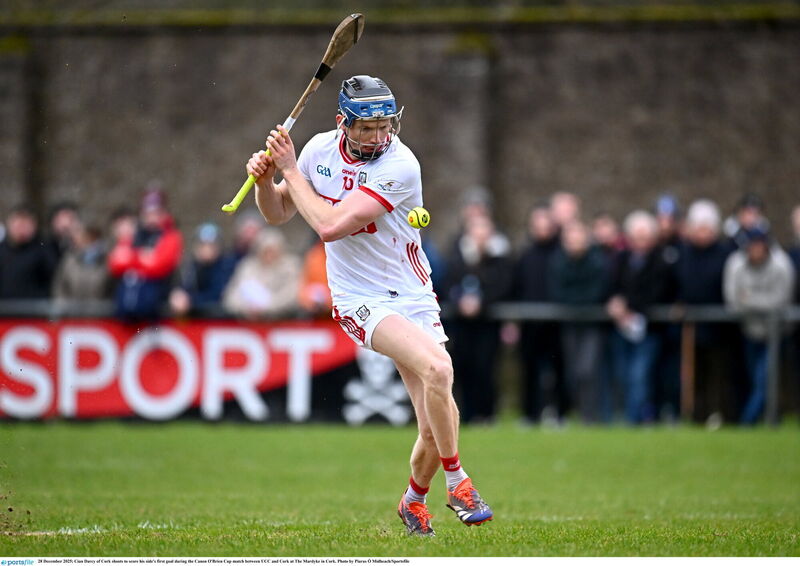 Cian Darcy of Cork shoots to score his side's first goal during the Canon O'Brien Cup match between UCC and Cork at The Mardyke in Cork. Photo by Piaras Ó Mídheach/Sportsfile Cian Darcy of Cork shoots to score his side's first goal during the Canon O'Brien Cup match between UCC and Cork at The Mardyke in Cork. Photo by Piaras Ó Mídheach/Sportsfile
