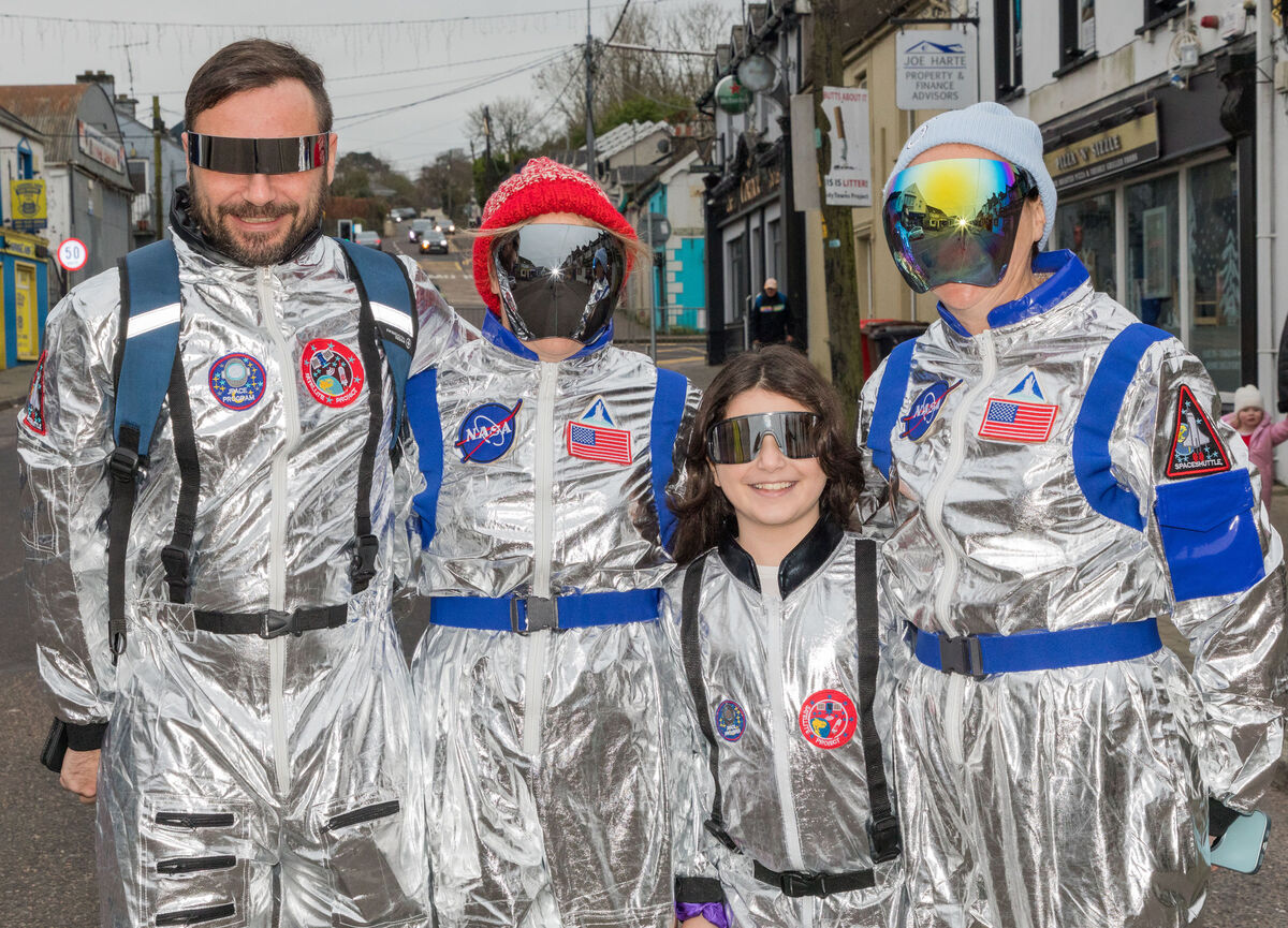 George Evangelou, Richelle Clancy, Cleopatra Evangelou and Niamh Clancy dressed as astronauts at the Wren Boys Street Festival 