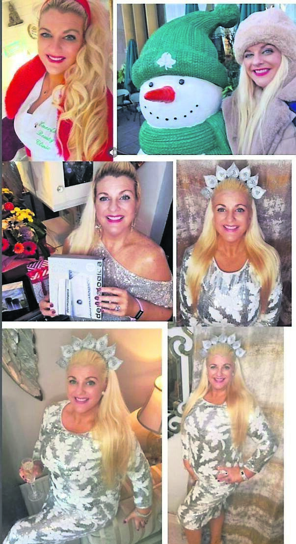 Emer O’Callaghan wearing a Christmas white and silver skirt and top from Savida, Dunnes Stores, head piece was a gift, silver heels Nine West, Brown Thomas, Cork. Also pictured in a silver sequin Ted Baker one shoulder top with her Christmas gift sets, and in her uniform above, and out and about this Christmas. Emer’s make-up is master Colors Paris, available at Emerald Beauty Clinic, 021 4365949