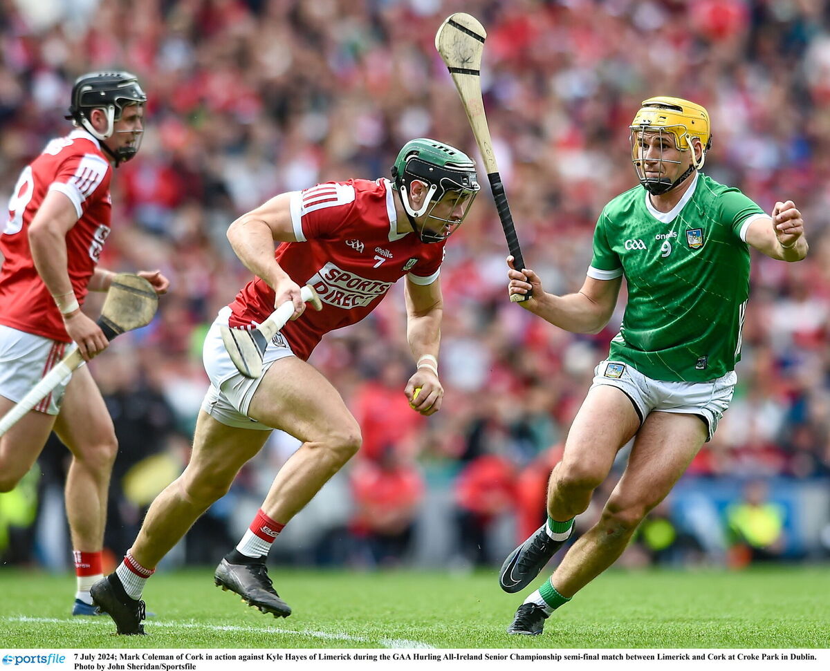 Mark Coleman of Cork in action against Kyle Hayes of Limerick during the GAA Hurling All-Ireland Senior Championship semi-final match between Limerick and Cork at Croke Park in Dublin in 2024. Picture: John Sheridan/Sportsfile Mark Coleman of Cork in action against Kyle Hayes of Limerick during the GAA Hurling All-Ireland Senior Championship semi-final match between Limerick and Cork at Croke Park in Dublin in 2024. Picture: John Sheridan/Sportsfile