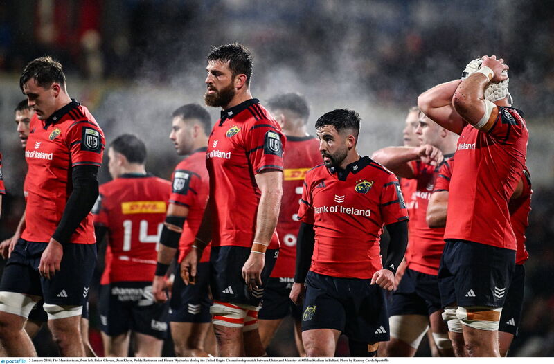 The Munster team, from left, Brian Gleeson, Jean Kleyn, Paddy Patterson and Fineen Wycherley during the United Rugby Championship match between Ulster and Munster at Affidea Stadium in Belfast. Photo by Ramsey Cardy/Sportsfile
