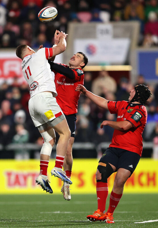 Ulster vs Munster: Ulster's Zac Ward with Munster's Calvin Nash Ulster vs Munster: Ulster's Zac Ward with Munster's Calvin Nash