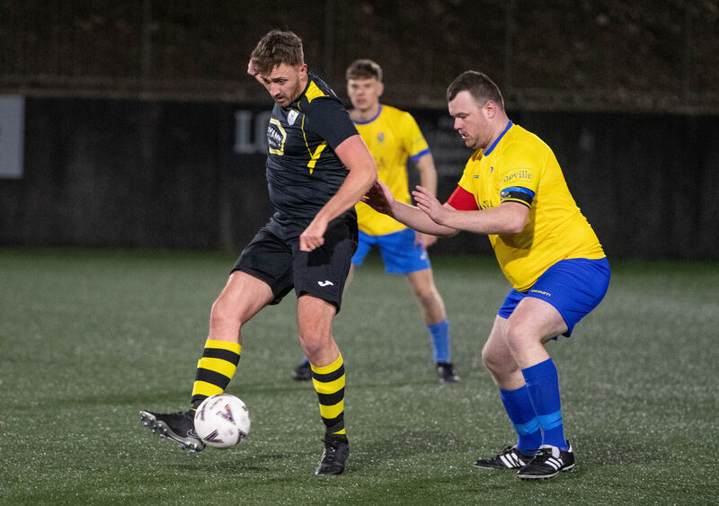 Riverstown's Caolan Callaghan holds off the challenge from Carrigaline's Robert Walker during the MSL Donal Linehan Trophy match in Ballea Park. Picture: Howard Crowdy Riverstown's Caolan Callaghan holds off the challenge from Carrigaline's Robert Walker during the MSL Donal Linehan Trophy match in Ballea Park. Picture: Howard Crowdy