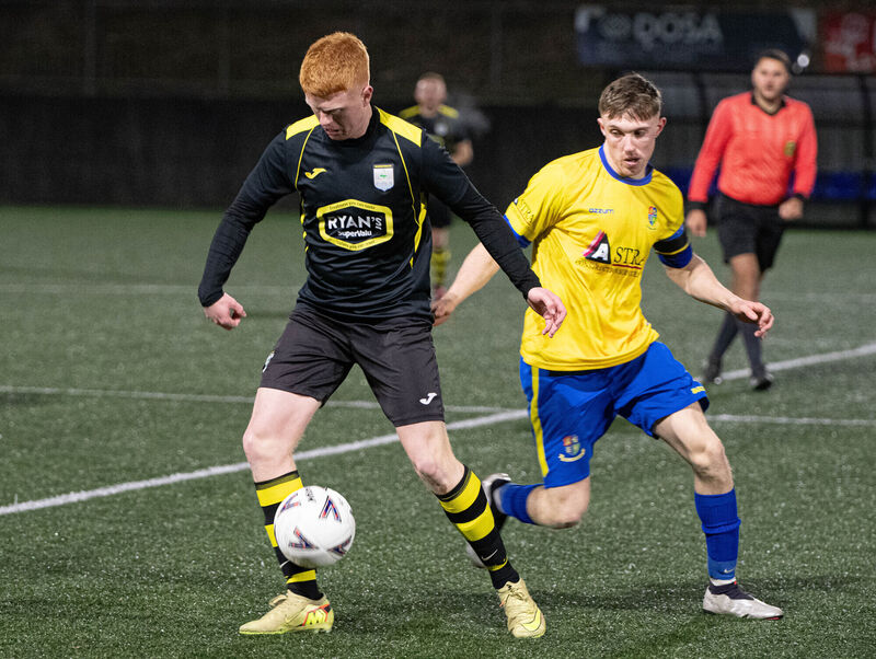 Riverstown's Luke Mylod controls the ball ahead of Carrigaline's Cian Spillane during the MSL Donal Linehan Trophy match in Ballea Park. Picture: Howard Crowdy Riverstown's Luke Mylod controls the ball ahead of Carrigaline's Cian Spillane during the MSL Donal Linehan Trophy match in Ballea Park. Picture: Howard Crowdy