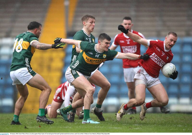 Seán O'Shea of Kerry in action against Matty Taylor of Cork during the McGrath Cup final two years ago. Picture: Michael P Ryan/Sportsfile
