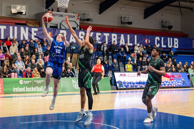 Neptune’s Sean Noonan rises to take a shot during the U20M National Cup game against Portlaoise at Neptune Stadium. Picture Chani Anderson