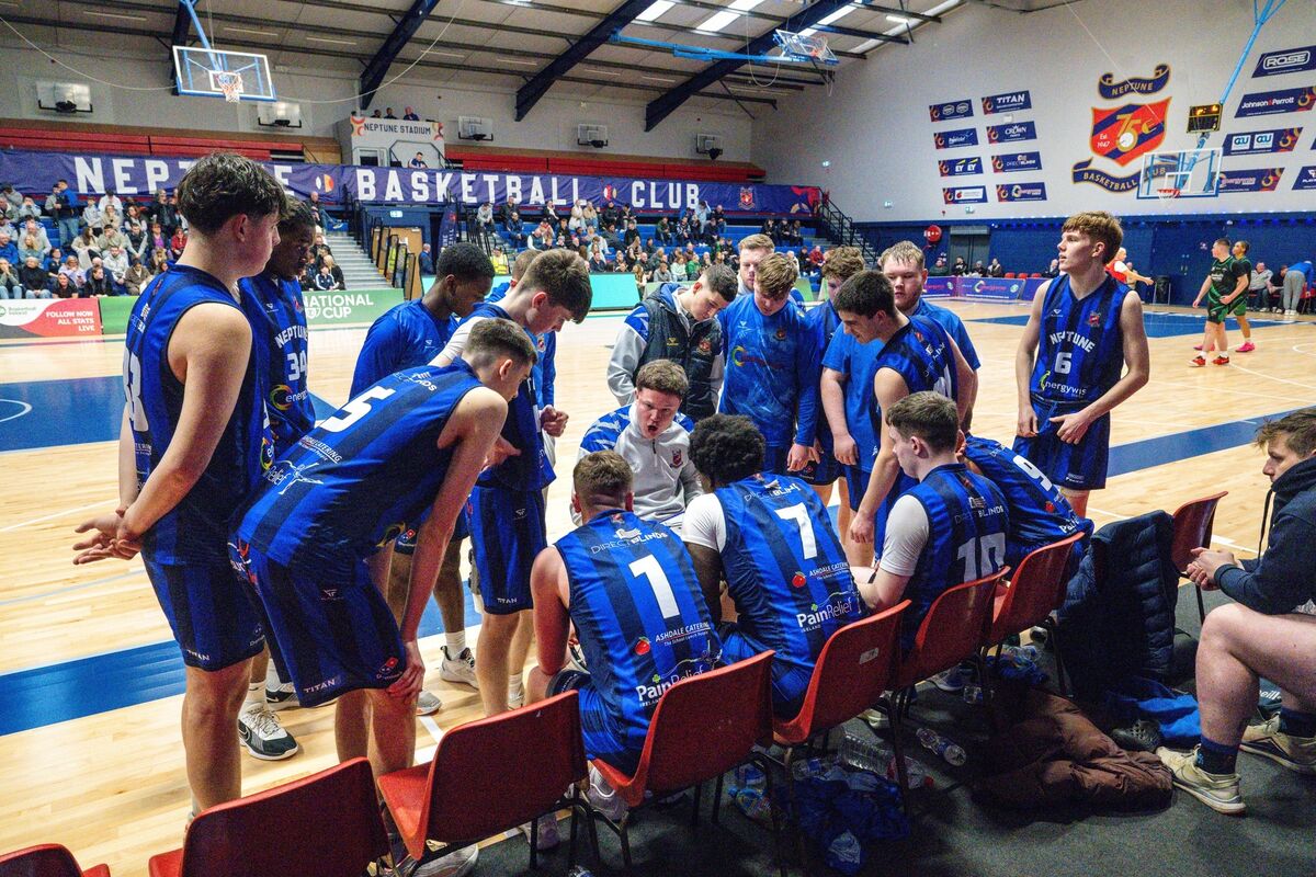 Neptune coach Adam Drummond gives his team a pep talk during a break in play in the U20M National Cup clash with Portlaoise at Neptune Stadium. Picture Chani Anderson