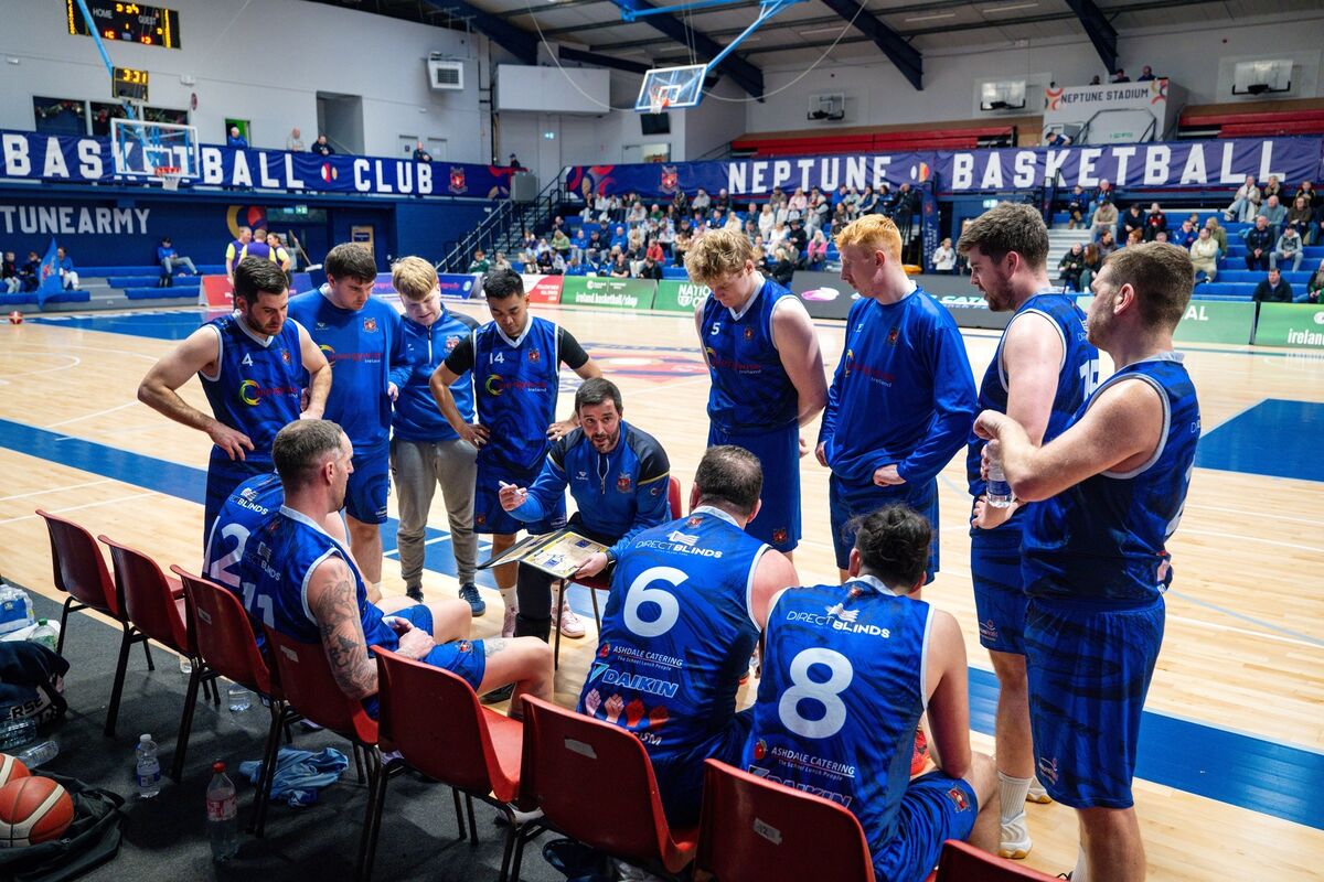 Neptune head coach Brian O’Neill delivers a pep talk during a break in play in the NICC Men’s National Cup tie with Belfast at Neptune Stadium. Picture Chani Anderson