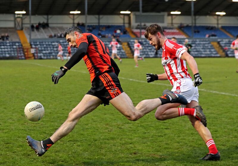  Seamus Hickey, Duhallow, breaks away from Brian Kelleher, Imokilly during their 2019 championship meeting. Picture: Jim Coughlan.