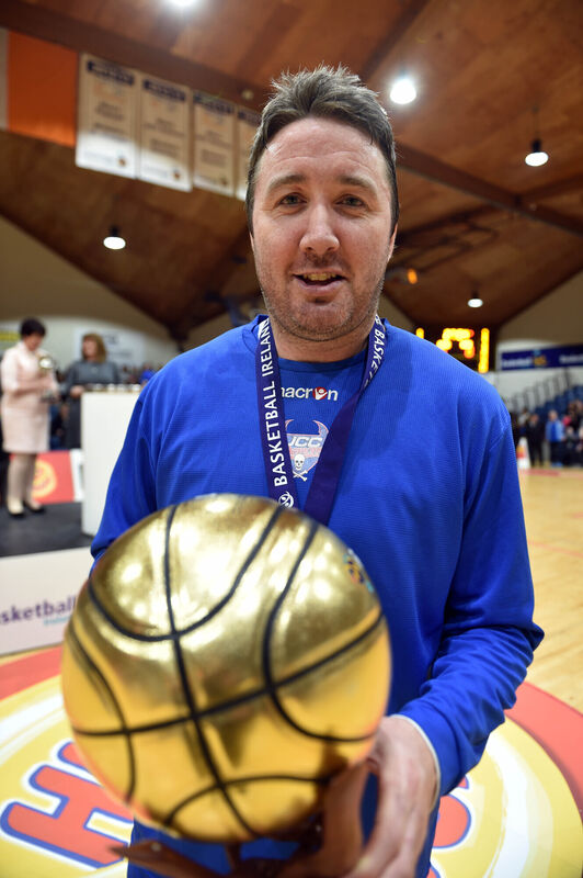 Blue Demons Shane Coughlan MVP winner against UCD Marian during the Hula Hoops NICC cup final at the National Basketball Arena, Tallaght