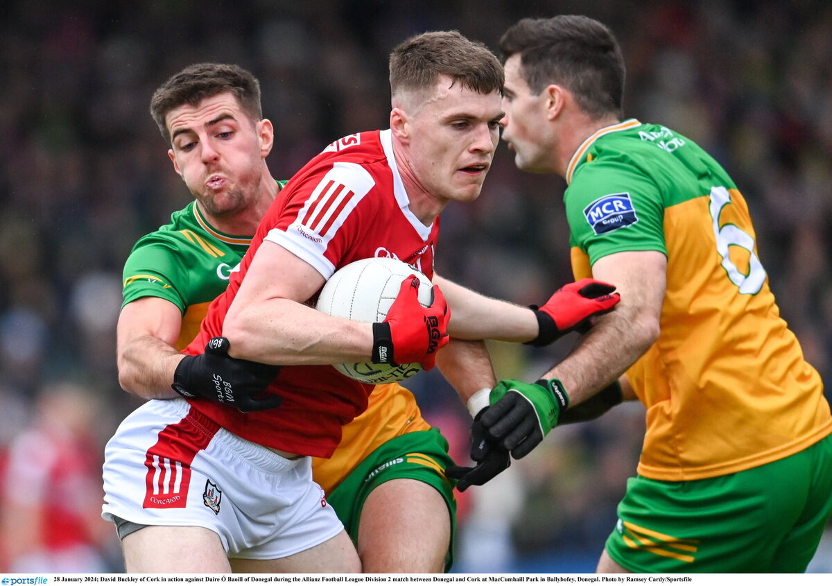 David Buckley of Cork in action against Daire Ó Baoill of Donegal in 2024. Picture: Ramsey Cardy/Sportsfile David Buckley of Cork in action against Daire Ó Baoill of Donegal in 2024. Picture: Ramsey Cardy/Sportsfile