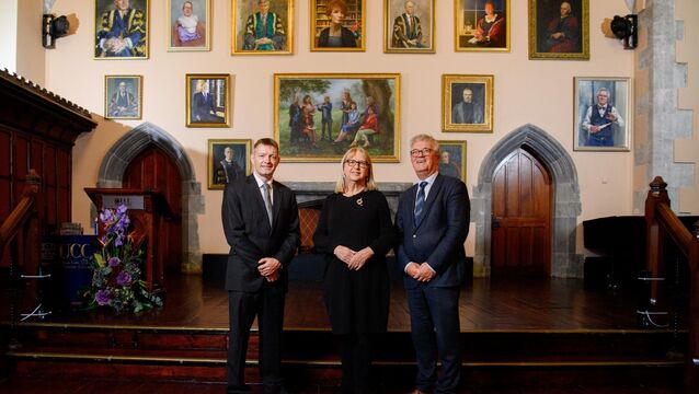 <p>Professor Mary McAleese, former President of Ireland, views portraits of eleven pioneering Irish women at University College Cork as part of Accenture’s Women on Walls at UCC. Professor McAleese, pictured with Professor Conor O'Mahony, Dean of UCC School of Law, and UCC President Professor John O’Halloran.  Picture: Daragh Mc Sweeney/Provision</p>