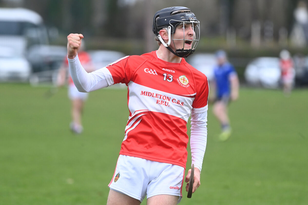  Sam Ring celebrates after scoring an early first half point for Midleton CBS. Picture: Larry Cummins
