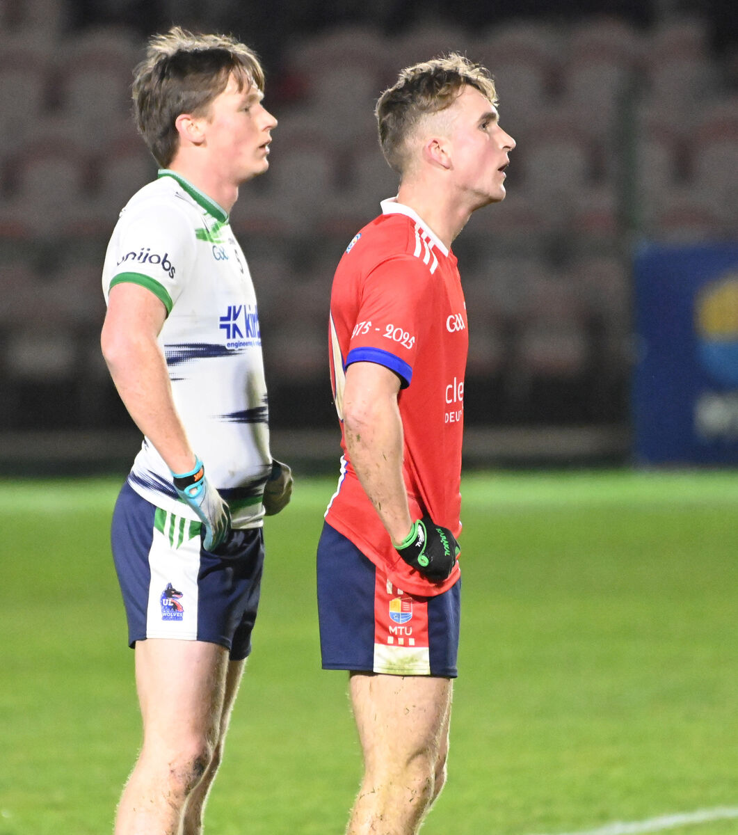 MTU Cork's Keith O'Driscoll has his brother UL's Paddy O'Driscoll looking over his shoulder during the Sigerson Cup at MTU Cork. Picture: Eddie O'Hare