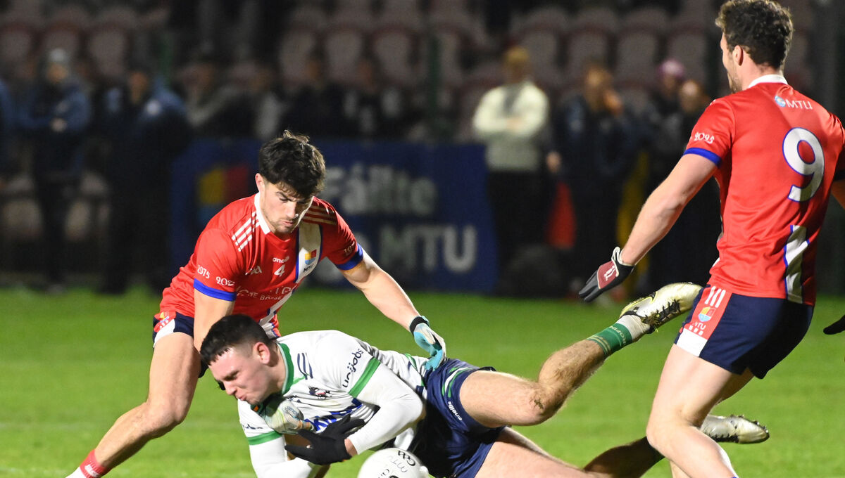 UL's Jack McCabe is tackled by MTU Cork's Darragh King during the Sigerson Cup at MTU Cork. Picture: Eddie O'Hare