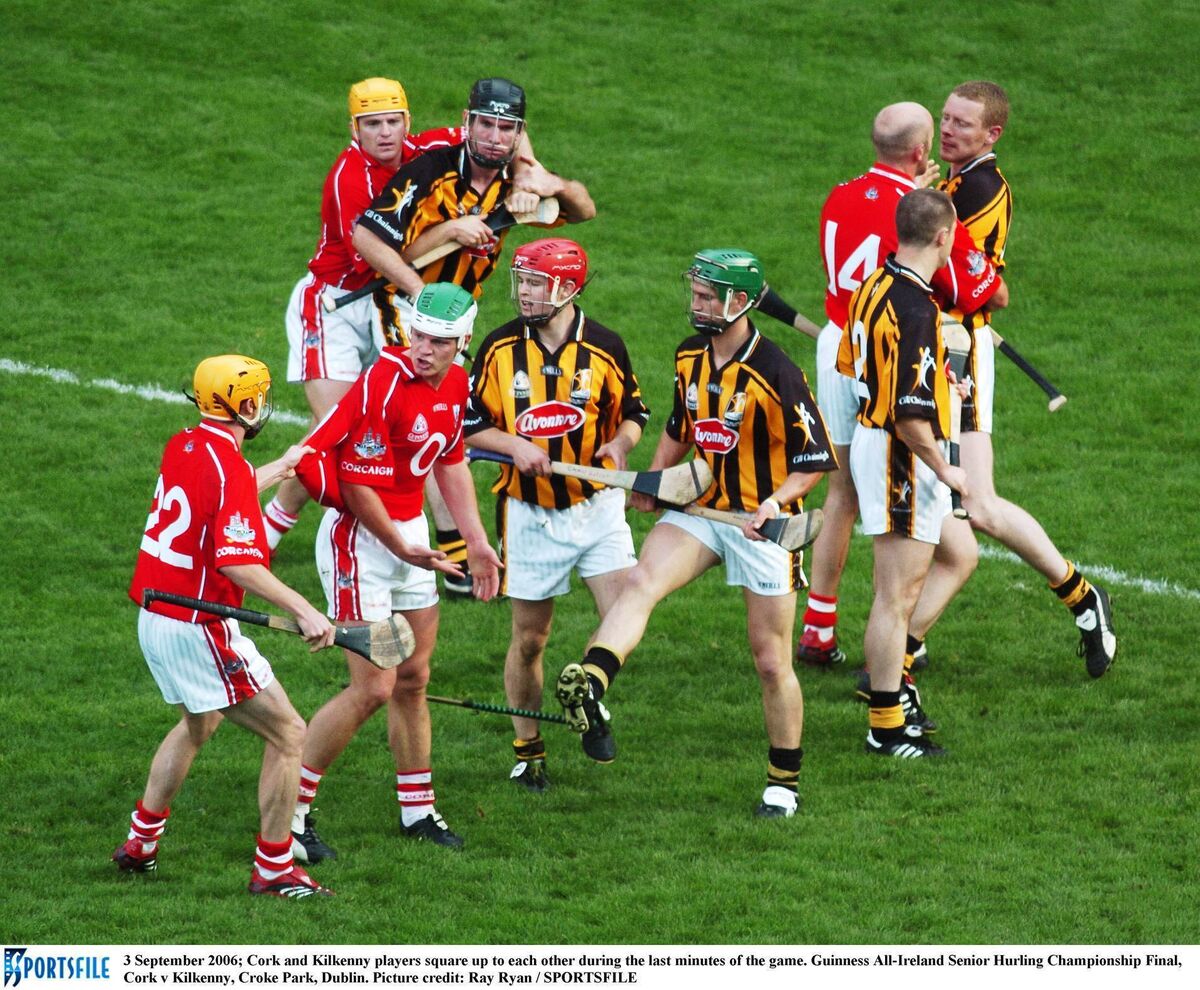 Cork and Kilkenny players square up to each other during the last minutes of the 2006 All-Ireland hurling final at Croke Park. Picture: Ray Ryan/SPORTSFILE