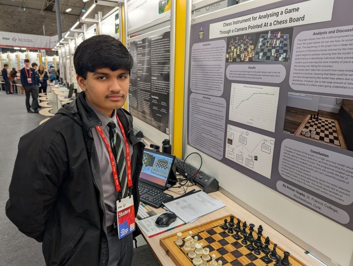 Rohan Gupta from St Francis College in Rochestown whose entry involes an instrument that can analyse the state of a chess game through a camera. Picture: Cillian Sherlock/PA Wire.