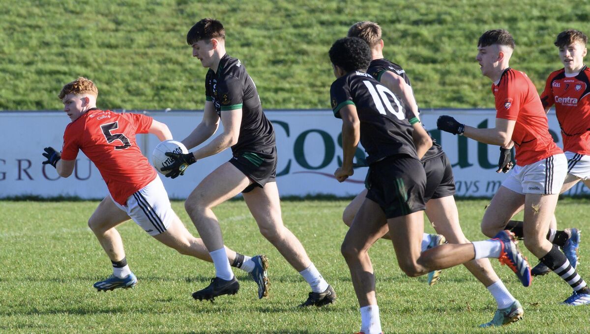 Ben Murphy, Mercy Mounthawk, Tralee looking to break past Diarmuid O'Donoghue, St Francis College, Cork during their TUS Corn Ui Mhuiri match at Mallow in January last year. Picture: Dan Linehan