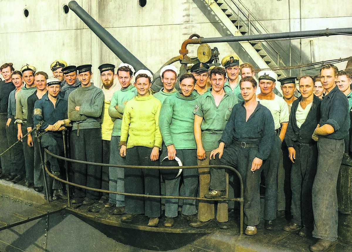 The crew of HMS Saracen. Cork man Tom Ryan is eleventh from the right, wearing a navy-blue cap