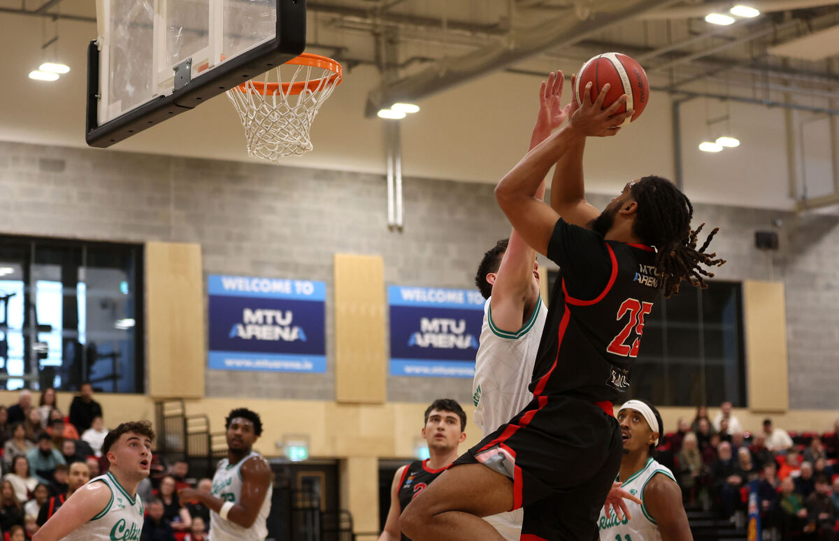  Latavious Mitchell, Ballincollig, Finn Hughes, Limerick Celtics.  Men's Super League Basketball, Ballincollig V's Limerick Celtics, at the MTU Arena, Cork.