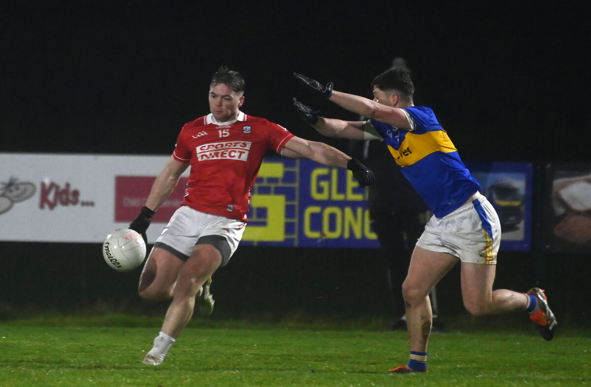  Cathail O'Mahony kicks a two-point score for Cork against Tipperary this year. Picture: Larry Cummins