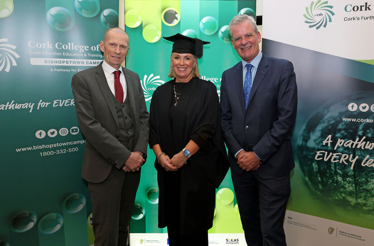 Valerie Lucey, Cork College of FET Project Management graduate, with John Fitzgibbons, Director of Further Education &amp; Training Cork ETB and Denis Leamy, Chief Executive Cork ETB. Picture: Jim Coughlan.
