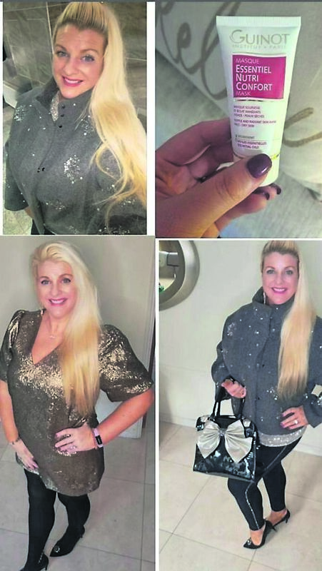 Emer O’Callaghan wearing a metallic gold dress and tights from Savida, Dunnes Stores, black and silver trim pants are Marks &amp; Spencer, grey embellished coat is also Dunnes Stores, heels are Cinderella’s Closet. Also pictured is Emer’s Product of the Week, her winter Guinot Mask Essential, €48, which combats dry skin and is suitable for face, neck, lips and eyes, available from Emerald Beauty Clinic, 031 4365949, postage options available
