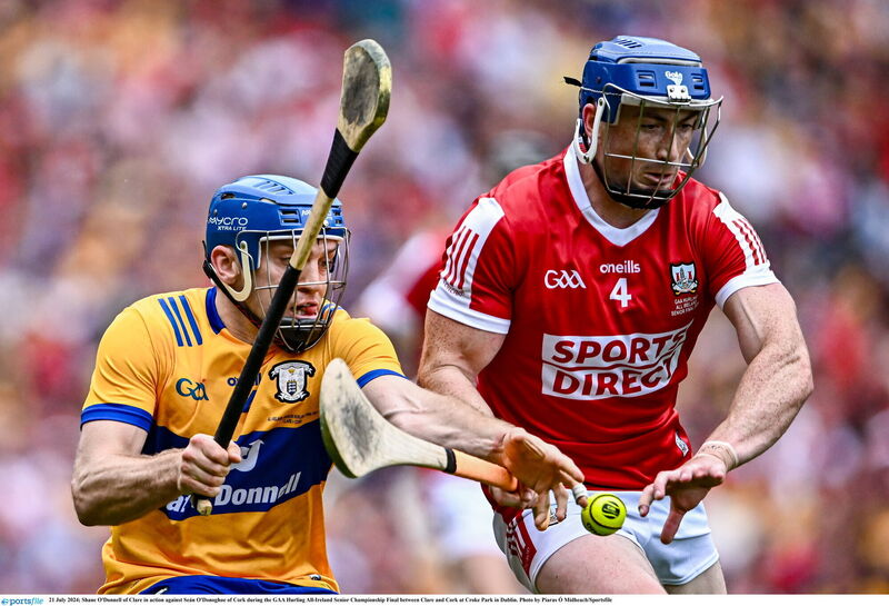 Shane O'Donnell of Clare in action against Seán O'Donoghue of Cork in 2024. Picture: Piaras Ó Mídheach/Sportsfile