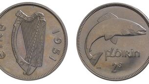 <p>The Irish florin, with the motif of the leaping salmon on one side, the harp on the other</p>