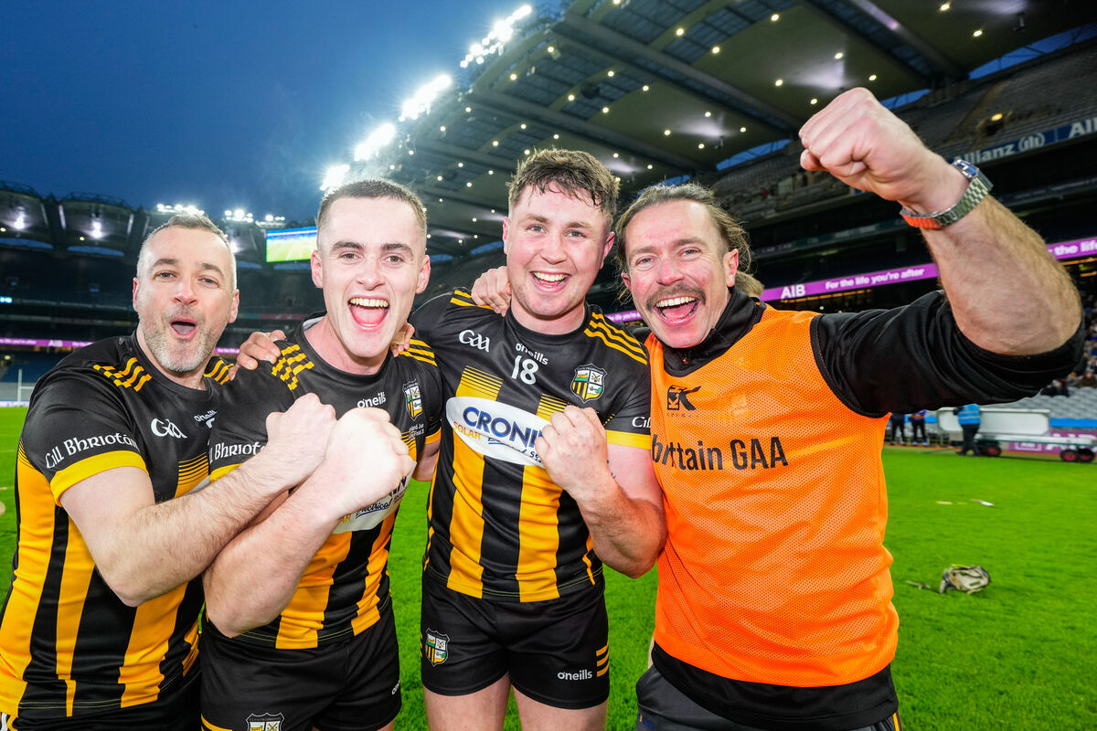 Kilbrittain players Ivan Burke, Colm Sheehan and Seán Sexton with strength and conditioning coach Mark Eaton after the game. Picture: Inpho/James Lawlor