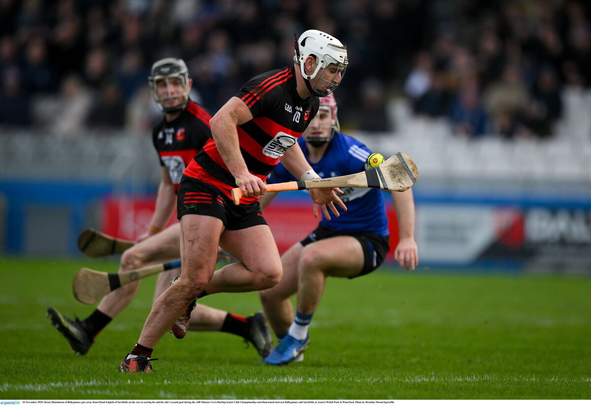 Dessie Hutchinson of Ballygunner gets away from Donal English of Sarsfields on the way to scoring his and his side's second goal in the AIB Munster semi. Picture: Brendan Moran/Sportsfile