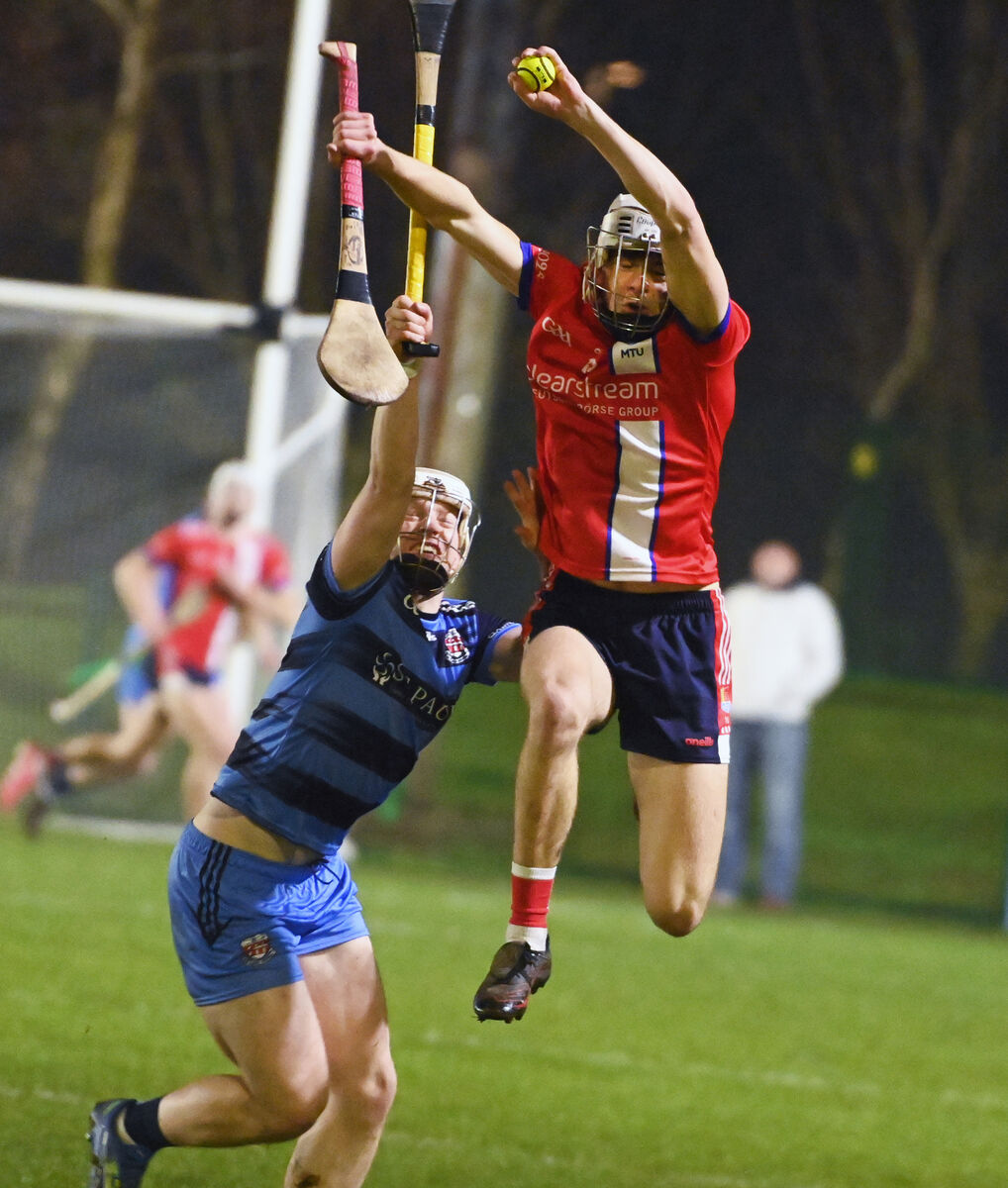 MTU Cork's Ryan Deasy gathers the sliothar ahead of Garda College's Shane Fitzgibbon. Picture: Eddie O'Hare