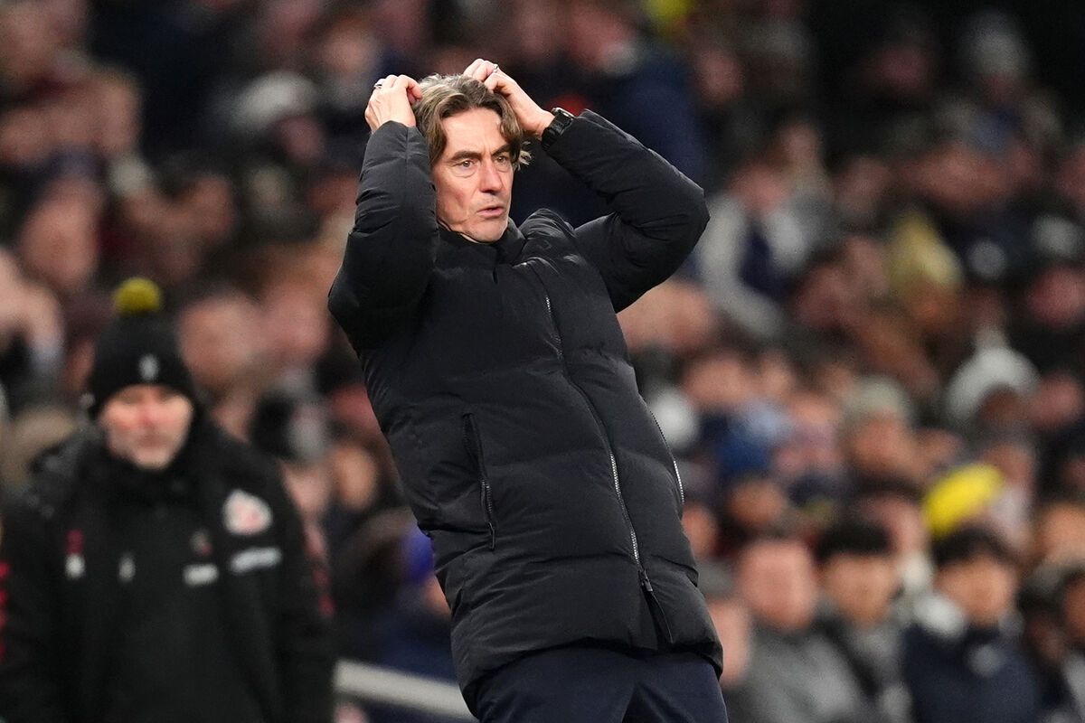 Tottenham Hotspur manager Thomas Frank reacts on the touchline during the Premier League match at Tottenham Hotspur Stadium, London. 