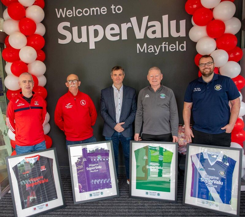 From L-R: Mayfield GAA: Michael Sheehan, Mayfield Boxing Club - Jimmy Stanton, Mayfield Utd AFC - Christy Mulcahy, Brian Dillons GAA - James Murphy recipients of sponsorship from Tom Higgins, Super Valu Mayfield . From L-R: Mayfield GAA: Michael Sheehan, Mayfield Boxing Club - Jimmy Stanton, Mayfield Utd AFC - Christy Mulcahy, Brian Dillons GAA - James Murphy recipients of sponsorship from Tom Higgins, Super Valu Mayfield .
