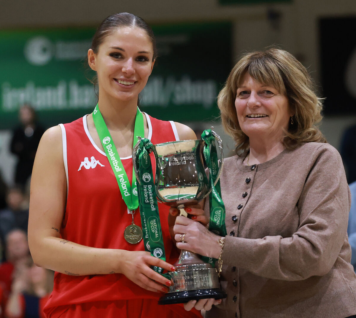 Fr. Matthews vs Liffey Celtics:  Fr. Mathews’ captain Heather Lynch and Margaret Miley, President of Basketball Ireland