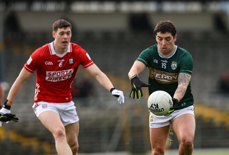 Tony Brosnan of Kerry in action against Rory Maguire of Cork. Picture: Michael P Ryan/Sportsfile