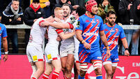 Stuart McCloskey celebrates scoring his sides fourth try with team mates 17/1/2026