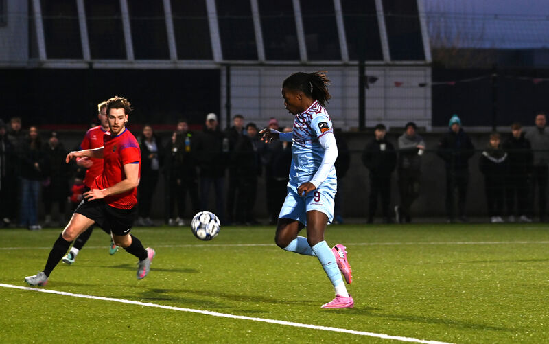 Wilson Waweru, Cobh Ramblers, puts his side 1-0 ahead after 15 minutes at Leeside Park. Picture: Larry Cummins