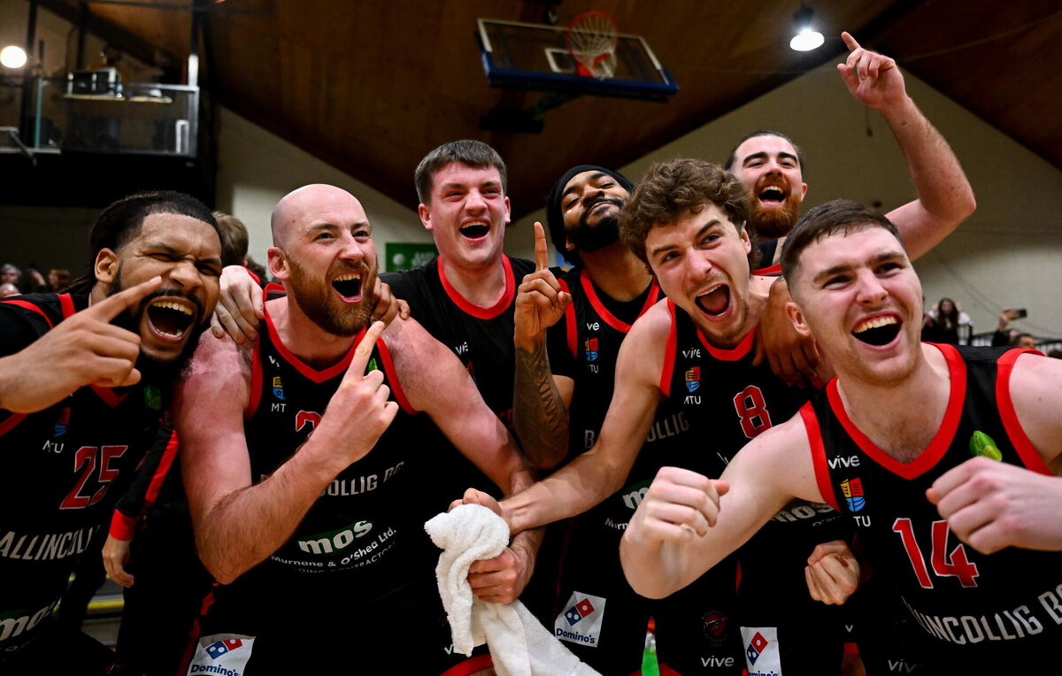 Ballincollig players celebrate after their side's victory in the Domino’s MSL National Cup final match between Garveys Tralee Warriors and Ballincollig at the National Basketball Arena in Tallaght, Dublin. Photo by Shauna Clinton/Sportsfile