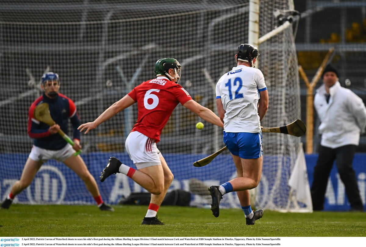 Patrick Curran scores Waterford's first goal in the 2022 Allianz HL Division 1 final against Cork in 2022. Picture: Eóin Noonan/Sportsfile