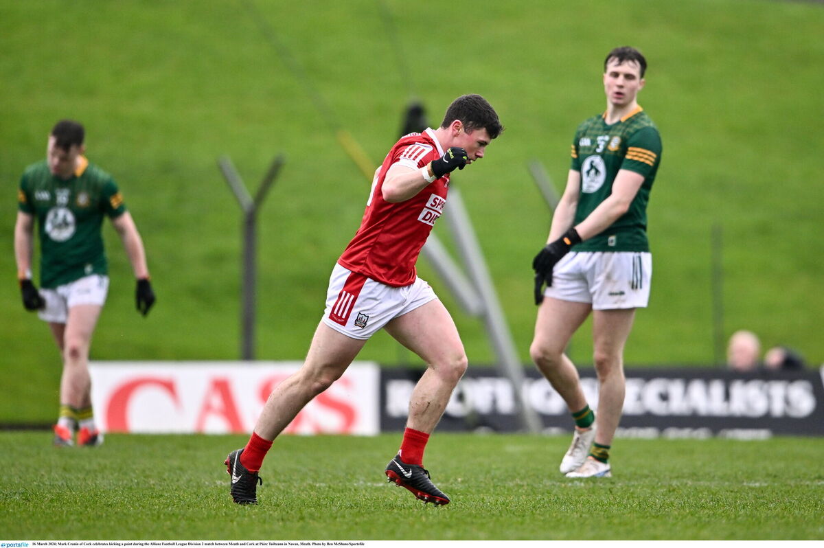 Mark Cronin of Cork celebrates kicking a point against Meath in 2024. Picture: Ben McShane/Sportsfile