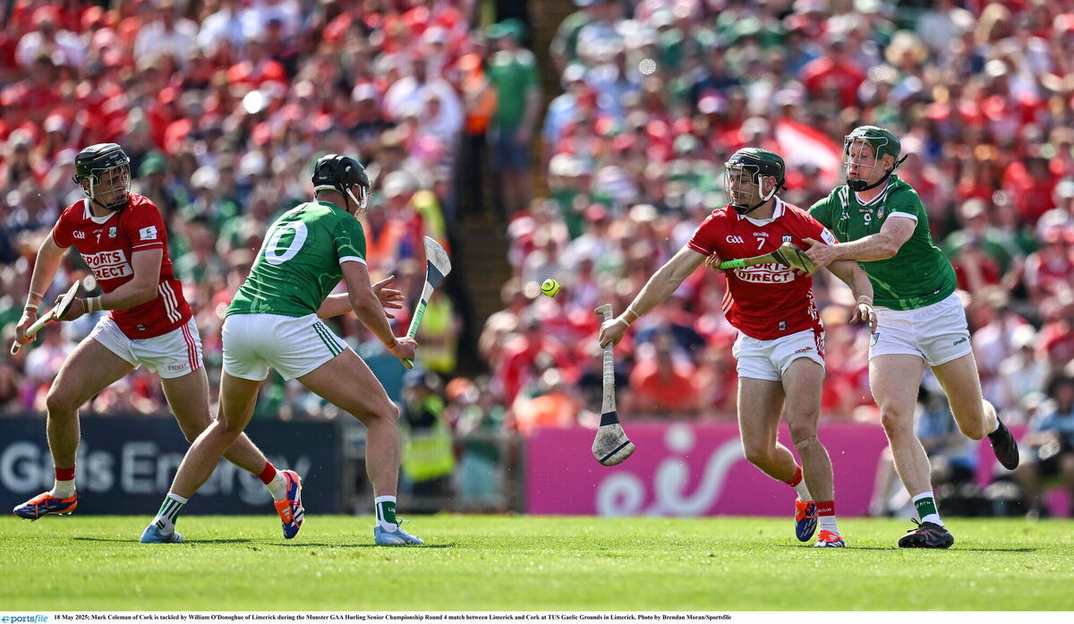 Mark Coleman of Cork is tackled by William O'Donoghue of Limerick during the Munster GAA Hurling Senior Championship Round 4 match between Limerick and Cork at TUS Gaelic Grounds in Limerick. Picture: Brendan Moran/Sportsfile Mark Coleman of Cork is tackled by William O'Donoghue of Limerick during the Munster GAA Hurling Senior Championship Round 4 match between Limerick and Cork at TUS Gaelic Grounds in Limerick. Picture: Brendan Moran/Sportsfile