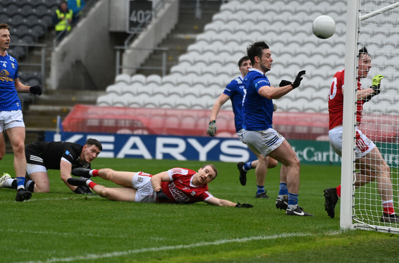 Cork's Eoghan McSweeney sees his effort come back off the post against Cavan at SuperValu Páirc Uí Chaoimh in 2024. Picture: Eddie O'Hare Cork's Eoghan McSweeney sees his effort come back off the post against Cavan at SuperValu Páirc Uí Chaoimh in 2024. Picture: Eddie O'Hare