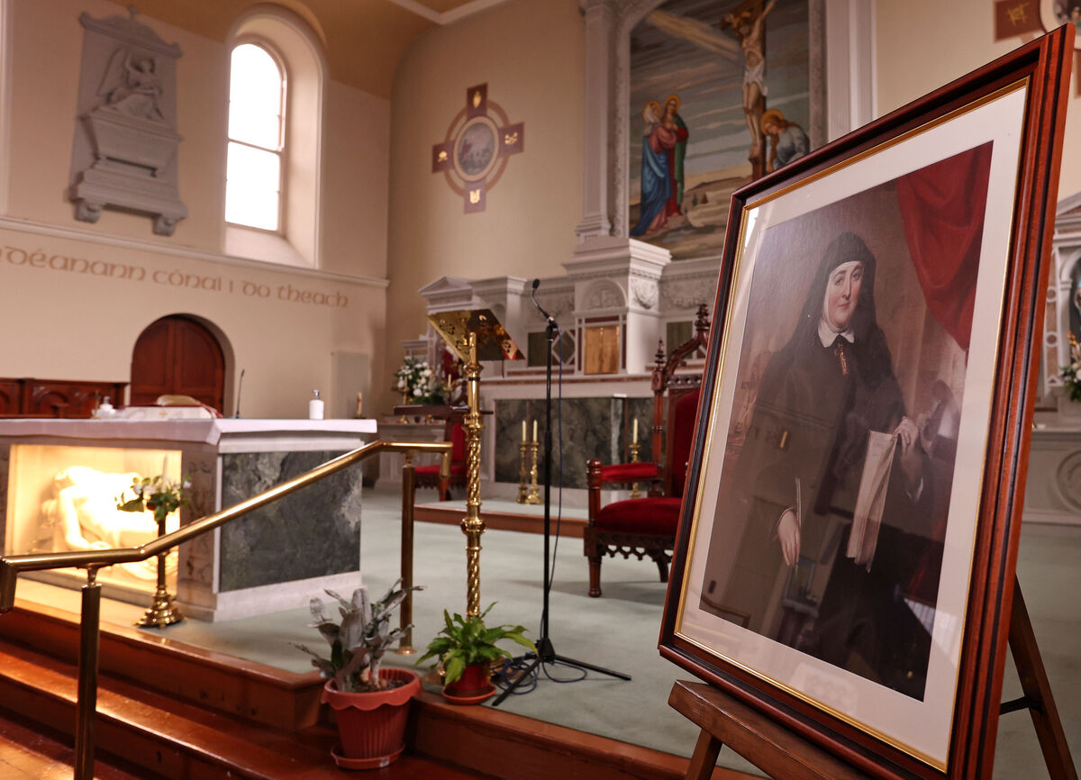  Portrait of Mary Aikenhead, on the altar a the eucharistic celebration in thanksgiving for the presence of the Religious Sisters of Charity in Cork 1826-2026, at St. Finbarr's South Church, Dunbar Street, Cork. 